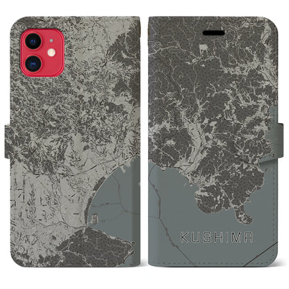 【串間（宮崎県）】地図柄iPhoneケース（手帳タイプ）モノトーン・iPhone 11 用