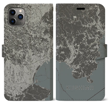 【串間（宮崎県）】地図柄iPhoneケース（手帳タイプ）モノトーン・iPhone 11 Pro Max 用