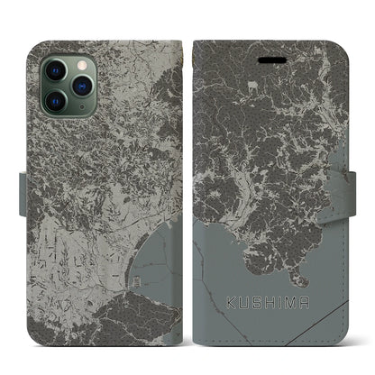 【串間（宮崎県）】地図柄iPhoneケース（手帳タイプ）モノトーン・iPhone 11 Pro 用