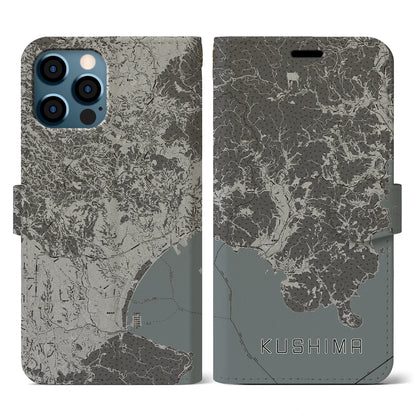 【串間（宮崎県）】地図柄iPhoneケース（手帳タイプ）モノトーン・iPhone 12 / 12 Pro 用