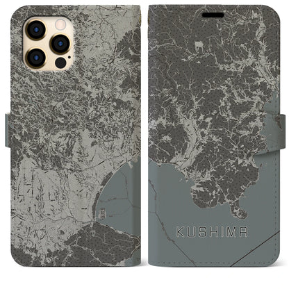 【串間（宮崎県）】地図柄iPhoneケース（手帳タイプ）モノトーン・iPhone 12 Pro Max 用