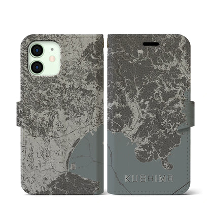 【串間（宮崎県）】地図柄iPhoneケース（手帳タイプ）モノトーン・iPhone 12 mini 用