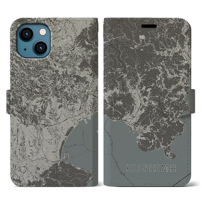 【串間（宮崎県）】地図柄iPhoneケース（手帳タイプ）モノトーン・iPhone 13 用