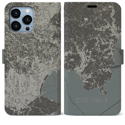 【串間（宮崎県）】地図柄iPhoneケース（手帳タイプ）モノトーン・iPhone 13 Pro Max 用