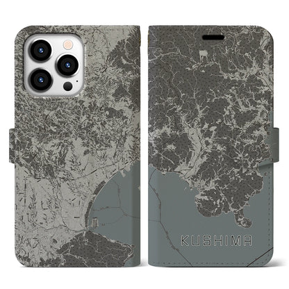 【串間（宮崎県）】地図柄iPhoneケース（手帳タイプ）モノトーン・iPhone 13 Pro 用