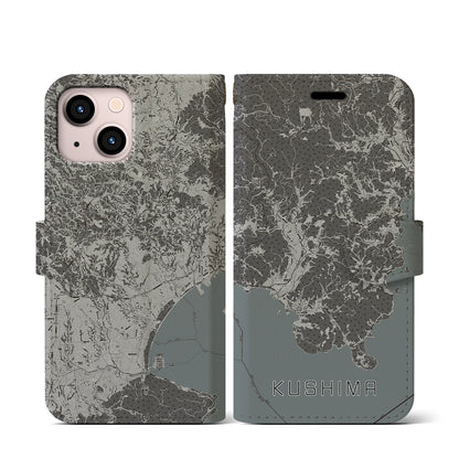 【串間（宮崎県）】地図柄iPhoneケース（手帳タイプ）モノトーン・iPhone 13 mini 用