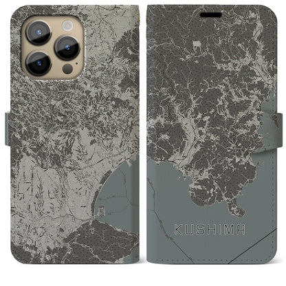 【串間（宮崎県）】地図柄iPhoneケース（手帳タイプ）モノトーン・iPhone 14 Pro Max 用