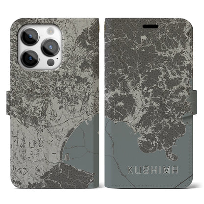 【串間（宮崎県）】地図柄iPhoneケース（手帳タイプ）モノトーン・iPhone 14 Pro 用