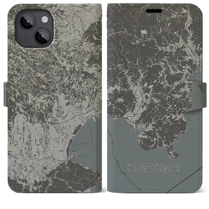 【串間（宮崎県）】地図柄iPhoneケース（手帳タイプ）モノトーン・iPhone 14 Plus 用