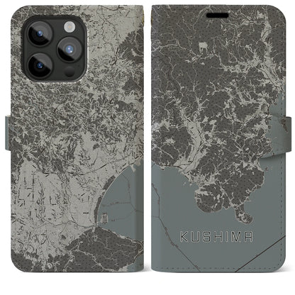 【串間（宮崎県）】地図柄iPhoneケース（手帳タイプ）モノトーン・iPhone 15 Pro Max 用