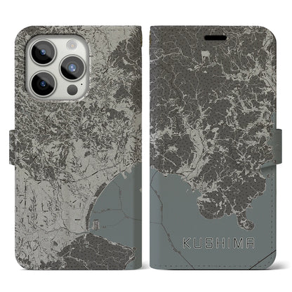 【串間（宮崎県）】地図柄iPhoneケース（手帳タイプ）モノトーン・iPhone 15 Pro 用