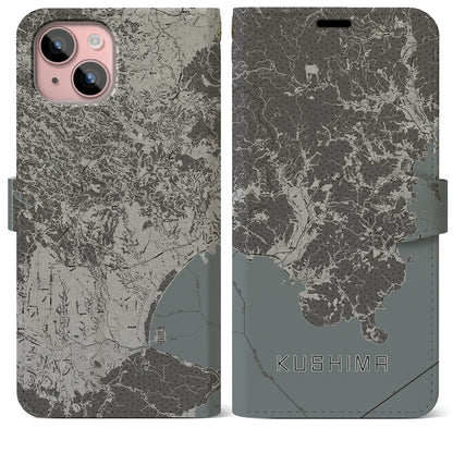 【串間（宮崎県）】地図柄iPhoneケース（手帳タイプ）モノトーン・iPhone 15 Plus 用