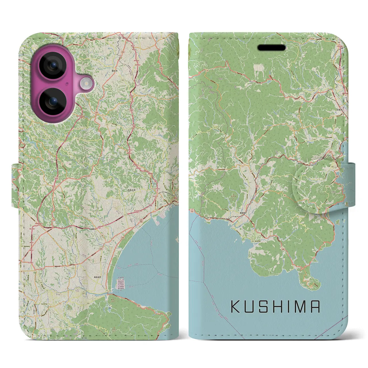 【串間（宮崎県）】地図柄iPhoneケース（手帳タイプ）ナチュラル・iPhone 16 Pro 用