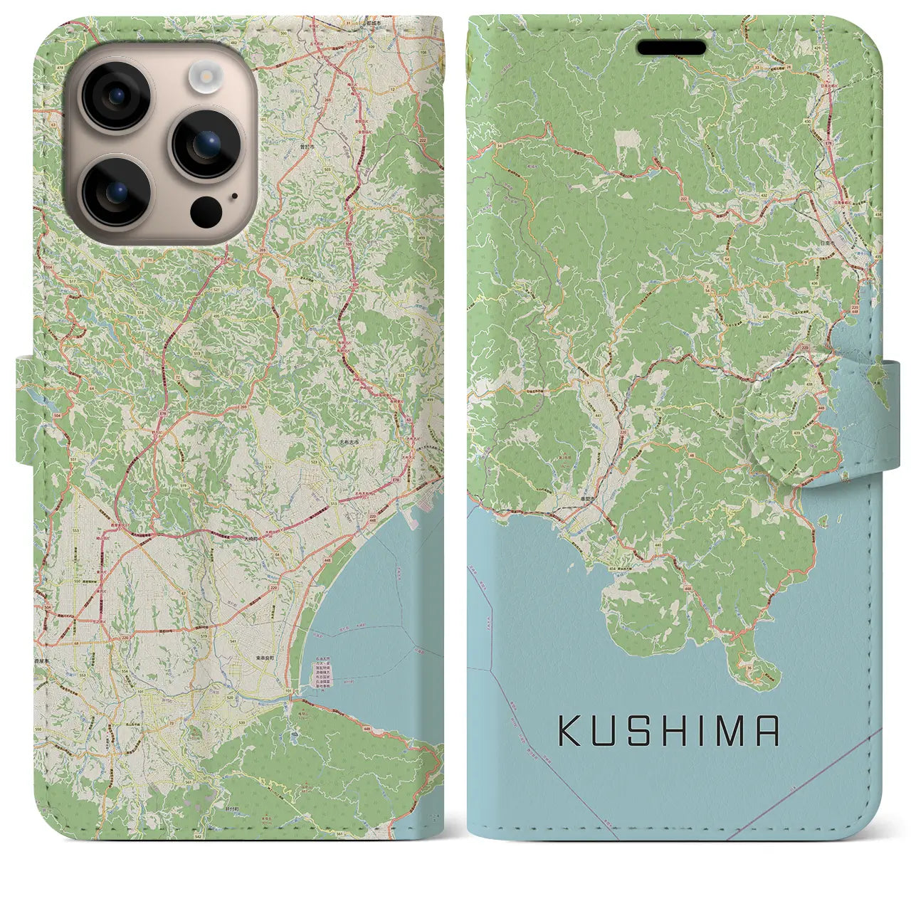 【串間（宮崎県）】地図柄iPhoneケース（手帳タイプ）ナチュラル・iPhone 16 Plus 用