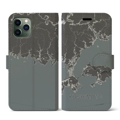 【串本（和歌山県）】地図柄iPhoneケース（手帳タイプ）モノトーン・iPhone 11 Pro 用
