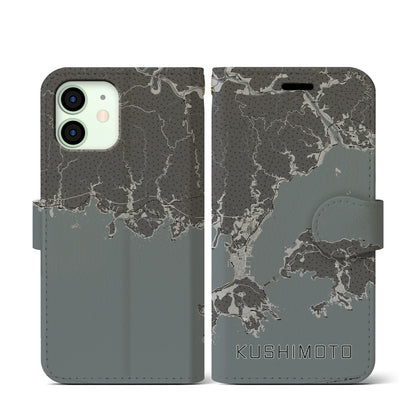 【串本（和歌山県）】地図柄iPhoneケース（手帳タイプ）モノトーン・iPhone 12 mini 用