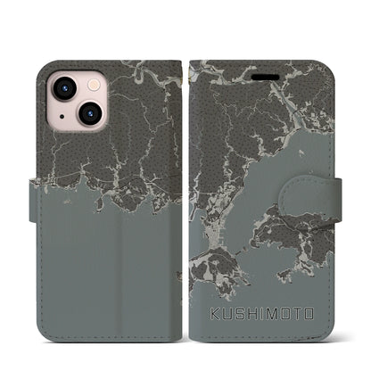 【串本（和歌山県）】地図柄iPhoneケース（手帳タイプ）モノトーン・iPhone 13 mini 用