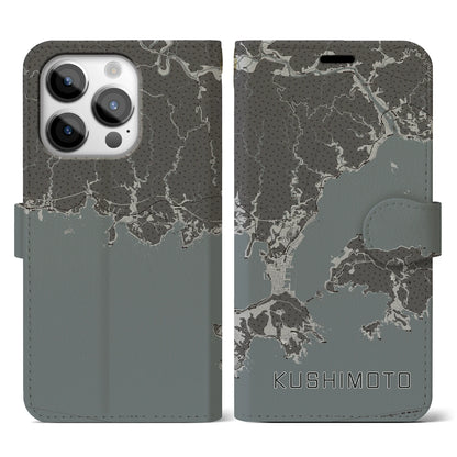 【串本（和歌山県）】地図柄iPhoneケース（手帳タイプ）モノトーン・iPhone 14 Pro 用