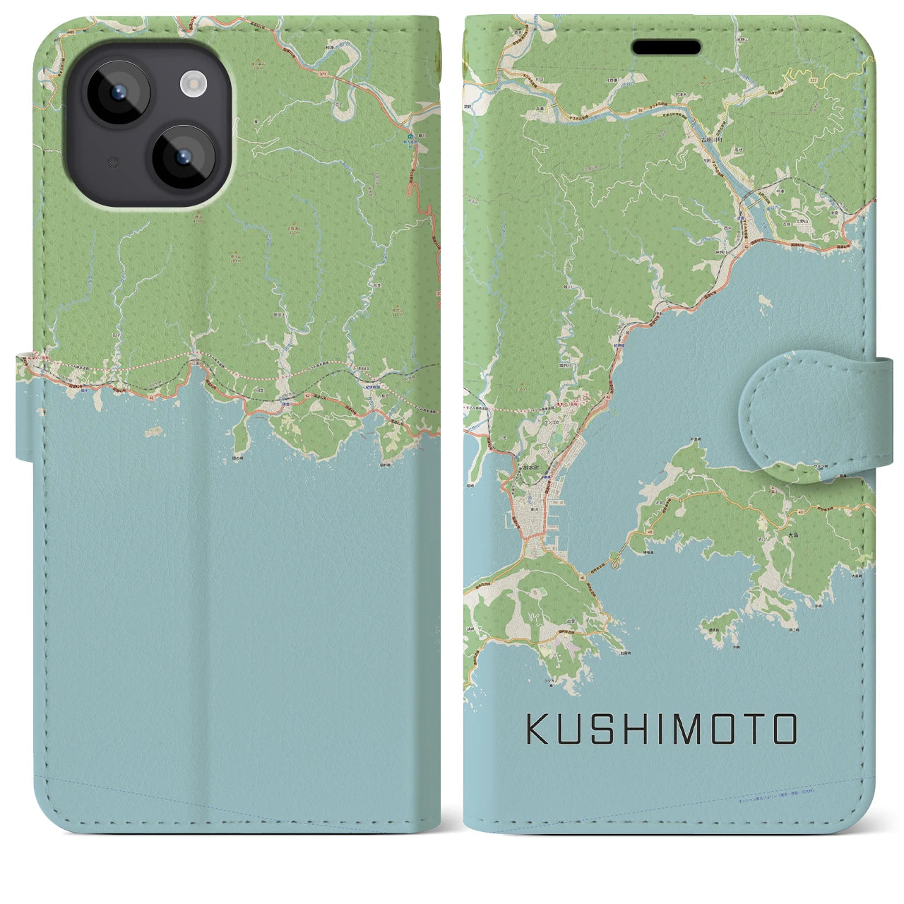 【串本（和歌山県）】地図柄iPhoneケース（手帳タイプ）ナチュラル・iPhone 14 Plus 用