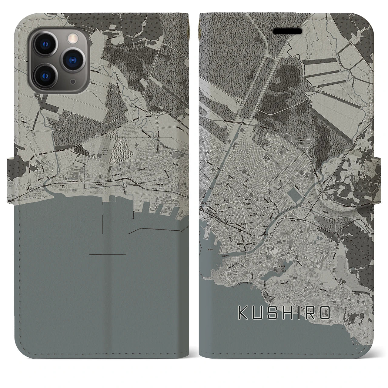 【釧路】地図柄iPhoneケース（手帳両面タイプ・モノトーン）iPhone 11 Pro Max 用