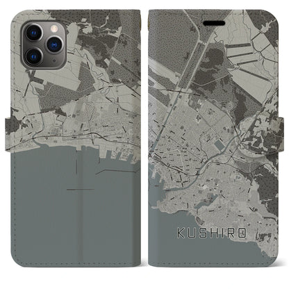 【釧路（北海道）】地図柄iPhoneケース（手帳タイプ）モノトーン・iPhone 11 Pro Max 用