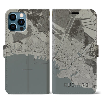 【釧路（北海道）】地図柄iPhoneケース（手帳タイプ）モノトーン・iPhone 12 / 12 Pro 用