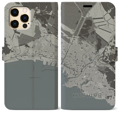 【釧路（北海道）】地図柄iPhoneケース（手帳タイプ）モノトーン・iPhone 12 Pro Max 用