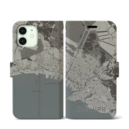 【釧路（北海道）】地図柄iPhoneケース（手帳タイプ）モノトーン・iPhone 12 mini 用