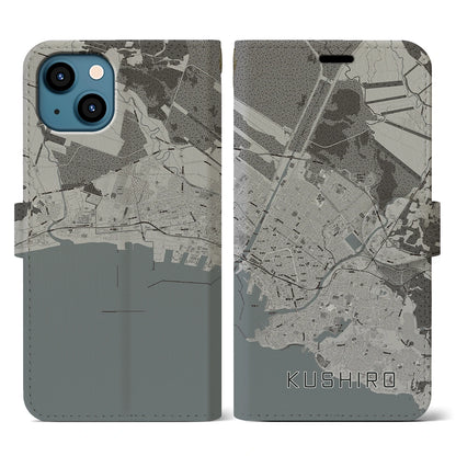 【釧路（北海道）】地図柄iPhoneケース（手帳タイプ）モノトーン・iPhone 13 用