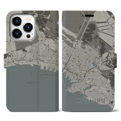 【釧路（北海道）】地図柄iPhoneケース（手帳タイプ）モノトーン・iPhone 13 Pro 用