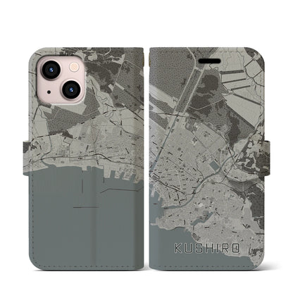 【釧路（北海道）】地図柄iPhoneケース（手帳タイプ）モノトーン・iPhone 13 mini 用