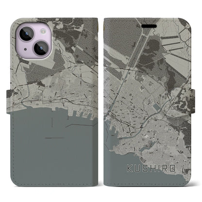 【釧路（北海道）】地図柄iPhoneケース（手帳タイプ）モノトーン・iPhone 14 用