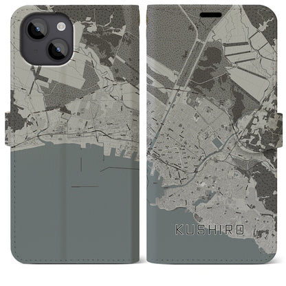 【釧路（北海道）】地図柄iPhoneケース（手帳タイプ）モノトーン・iPhone 14 Plus 用