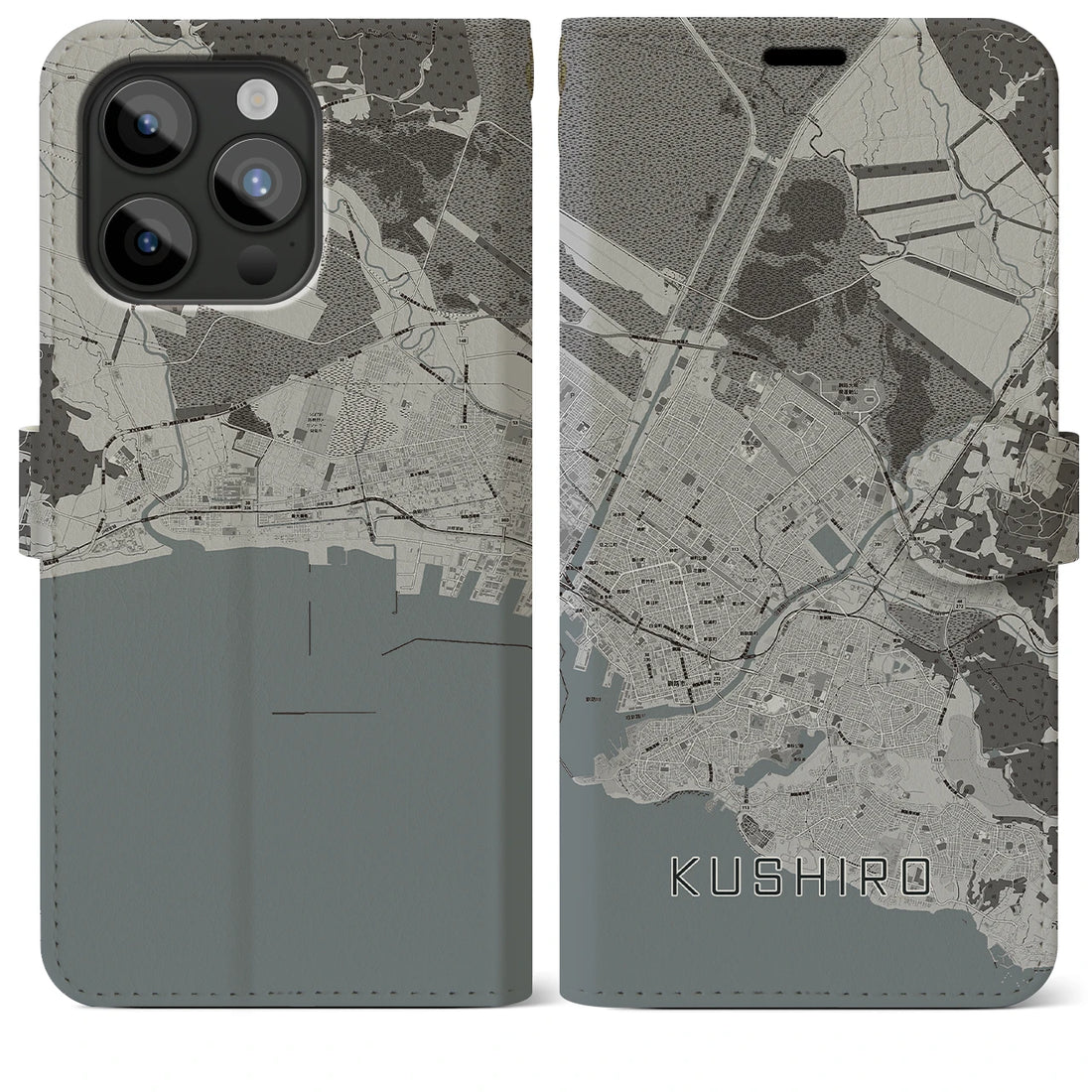 【釧路】地図柄iPhoneケース（手帳両面タイプ・モノトーン）iPhone 15 Pro Max 用