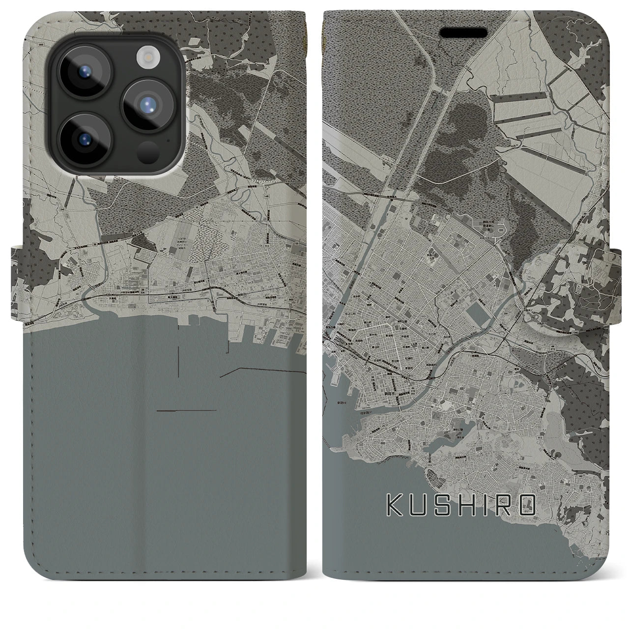【釧路】地図柄iPhoneケース（手帳両面タイプ・モノトーン）iPhone 15 Pro Max 用