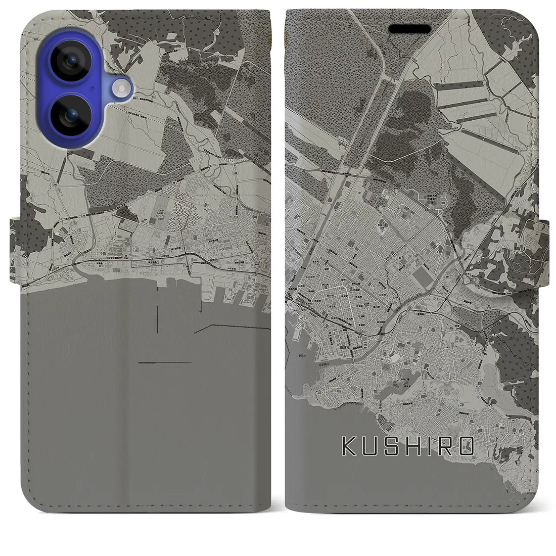 【釧路(北海道)】地図柄iPhoneケース(手帳タイプ)モノトーン・iPhone 16 Pro Max 用