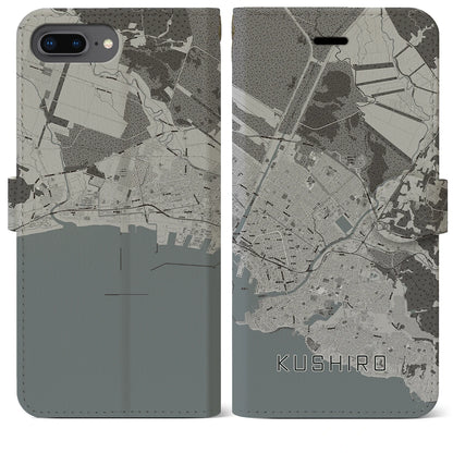 【釧路（北海道）】地図柄iPhoneケース（手帳タイプ）モノトーン・iPhone 8Plus /7Plus / 6sPlus / 6Plus 用