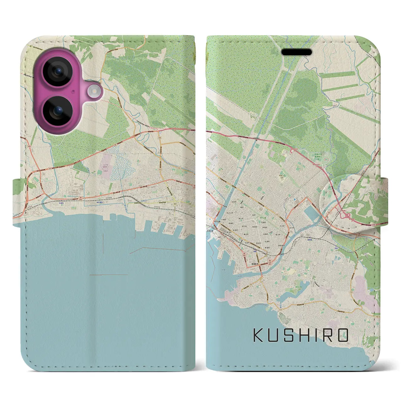 【釧路（北海道）】地図柄iPhoneケース（手帳タイプ）ナチュラル・iPhone 16 Pro 用