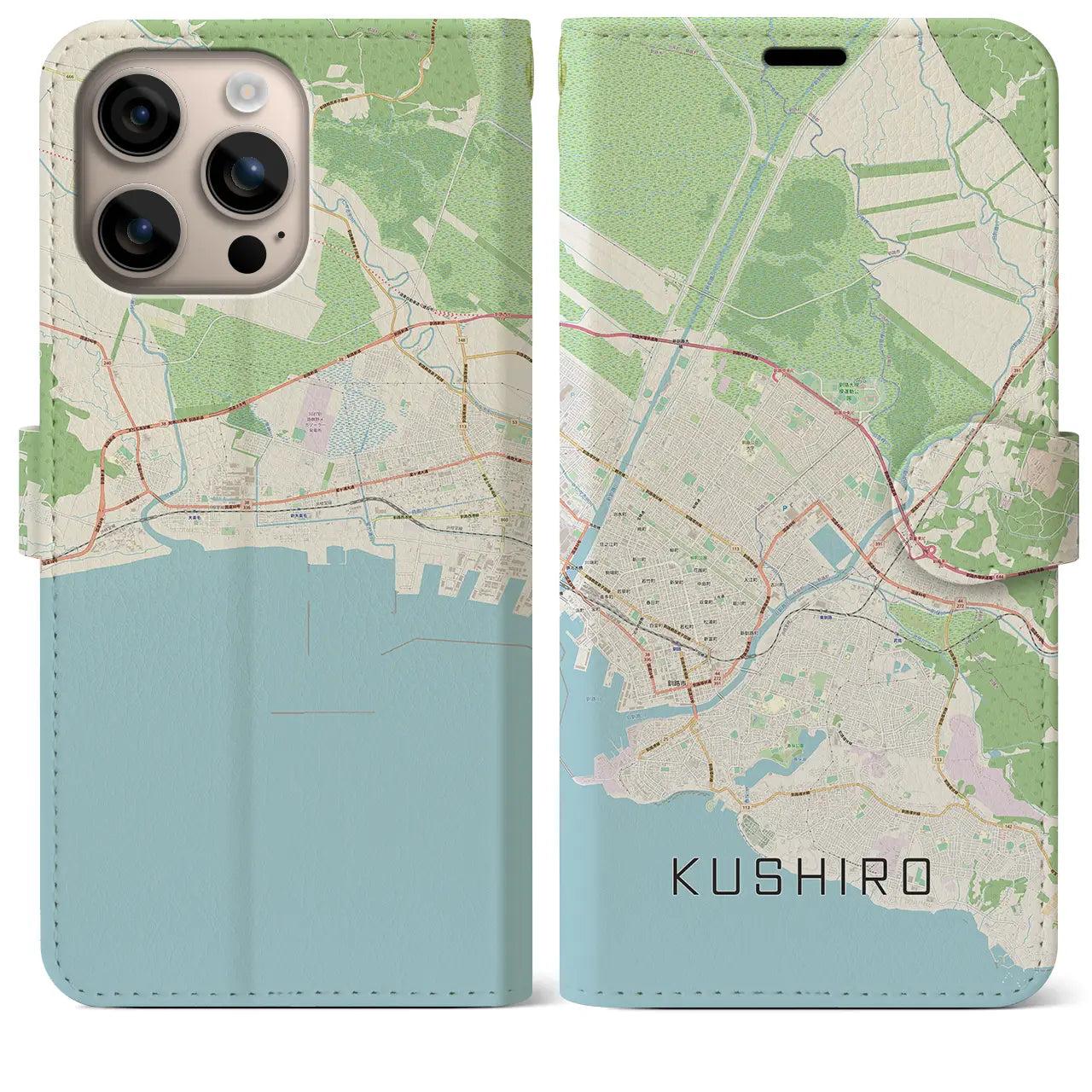 【釧路（北海道）】地図柄iPhoneケース（手帳タイプ）ナチュラル・iPhone 16 Plus 用