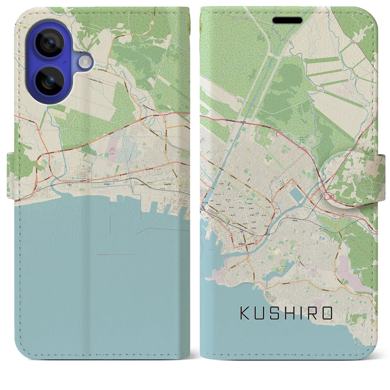 【釧路（北海道）】地図柄iPhoneケース（手帳タイプ）ナチュラル・iPhone 16 Pro Max 用