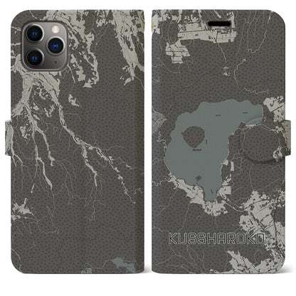 【屈斜路湖（北海道）】地図柄iPhoneケース（手帳タイプ）モノトーン・iPhone 11 Pro Max 用