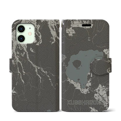 【屈斜路湖（北海道）】地図柄iPhoneケース（手帳タイプ）モノトーン・iPhone 12 mini 用