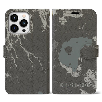 【屈斜路湖（北海道）】地図柄iPhoneケース（手帳タイプ）モノトーン・iPhone 13 Pro 用