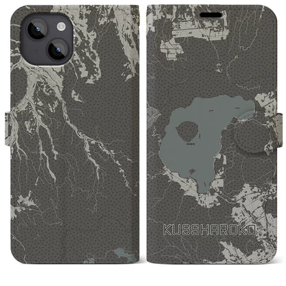 【屈斜路湖（北海道）】地図柄iPhoneケース（手帳タイプ）モノトーン・iPhone 14 Plus 用
