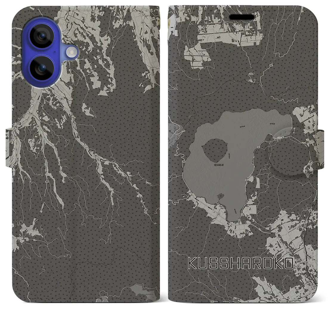 【屈斜路湖(北海道)】地図柄iPhoneケース(手帳タイプ)モノトーン・iPhone 16 Pro Max 用