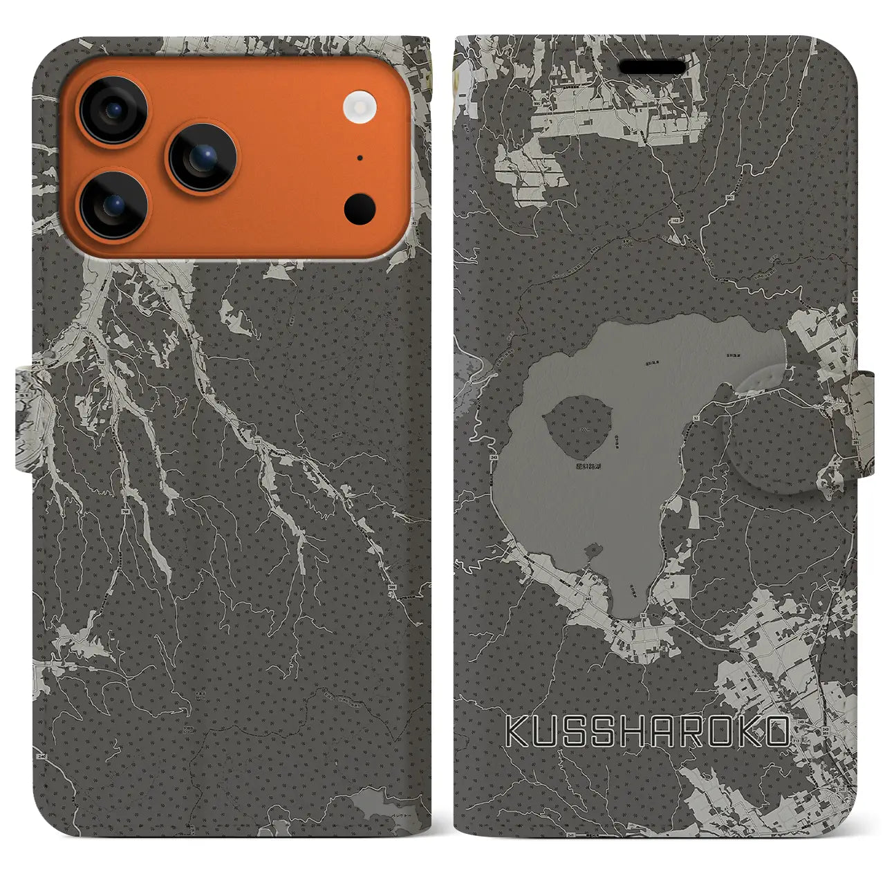 【屈斜路湖（北海道）】地図柄iPhoneケース（手帳タイプ）