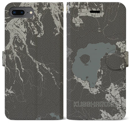 【屈斜路湖（北海道）】地図柄iPhoneケース（手帳タイプ）モノトーン・iPhone 8Plus /7Plus / 6sPlus / 6Plus 用