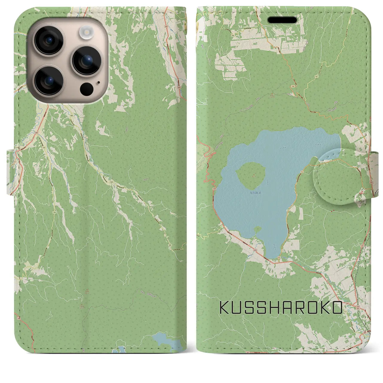 【屈斜路湖（北海道）】地図柄iPhoneケース（手帳タイプ）ナチュラル・iPhone 16 Plus 用