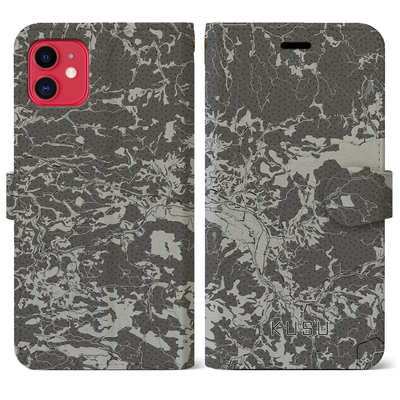 【玖珠（大分県）】地図柄iPhoneケース（手帳タイプ）モノトーン・iPhone 11 用