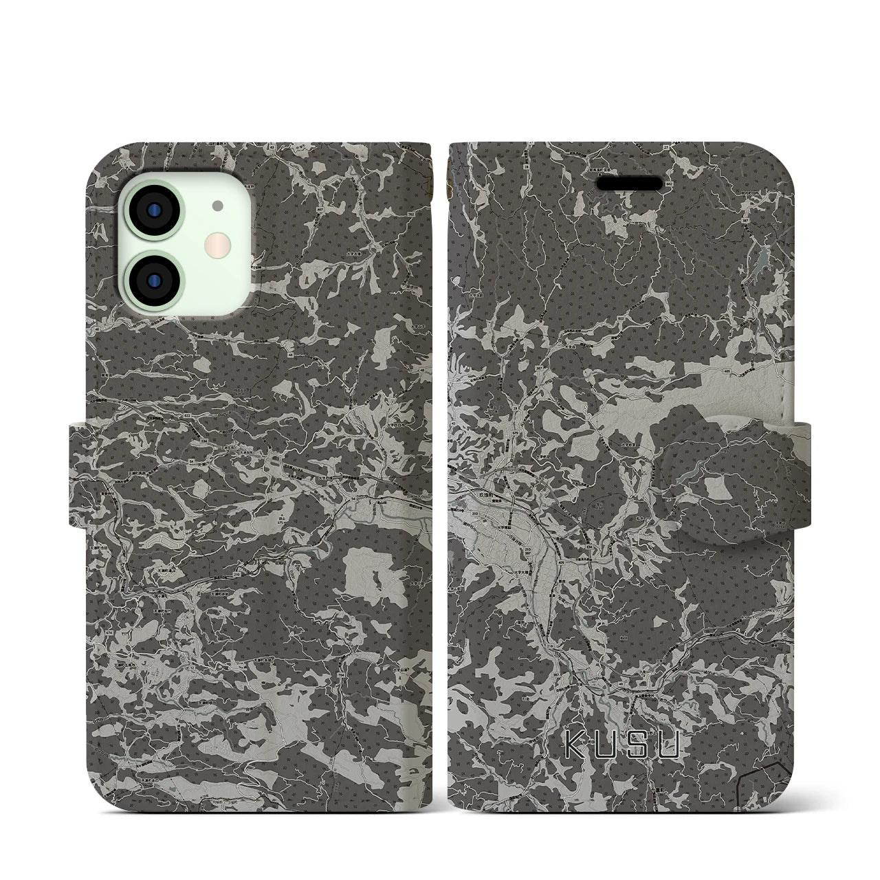 【玖珠（大分県）】地図柄iPhoneケース（手帳タイプ）モノトーン・iPhone 12 mini 用